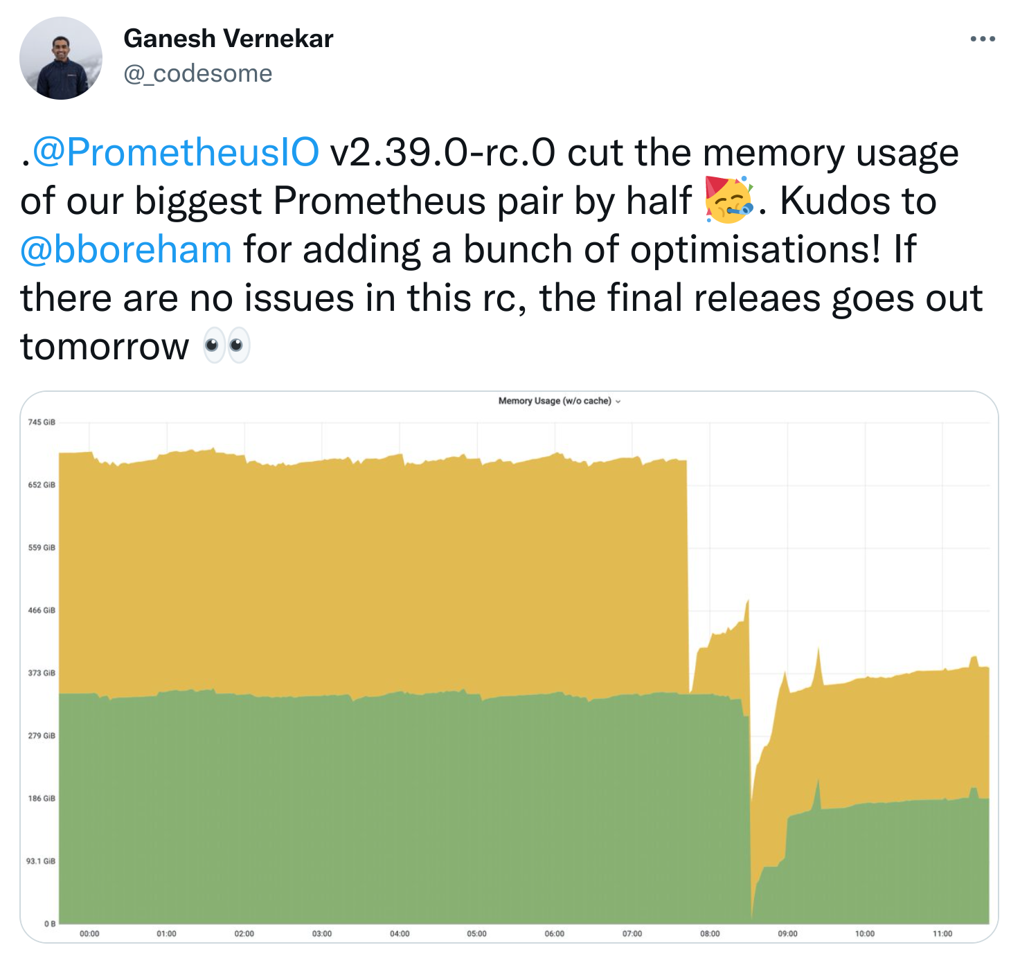 Tweet by Ganesh showing a graph of improved memory usage